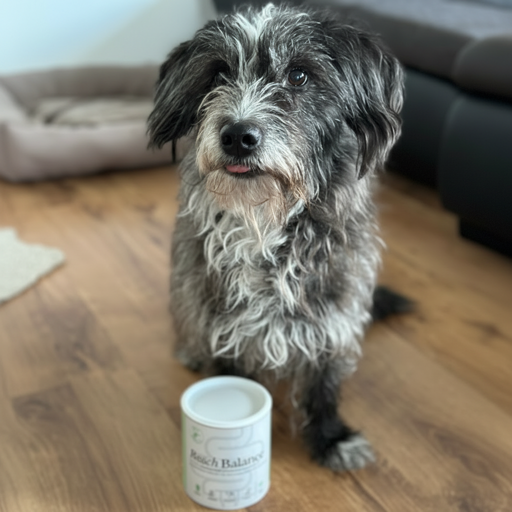 Luna, die Hündin von Sonja, neben der Bauch-Balance-Dose
