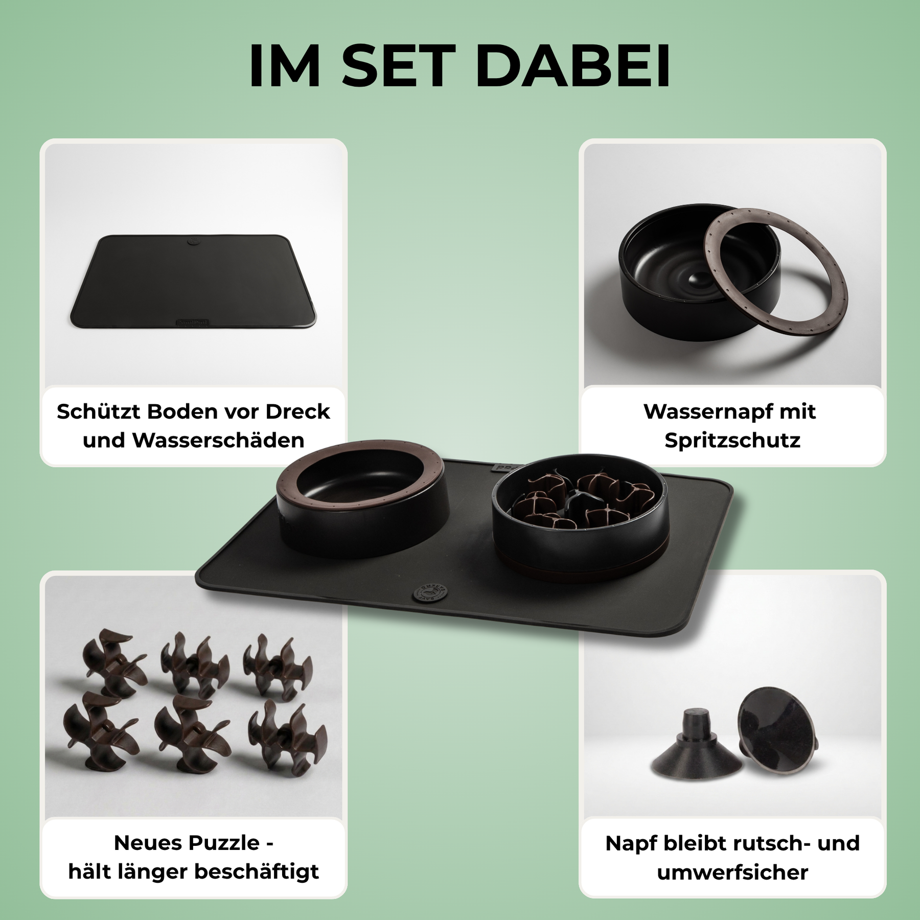 SoulSet Daisy (Schwarz) / Groß: Im Set dabei – Unterlage, Wassernapf mit Spritzschutz, neues Puzzle, Saugnäpfe
