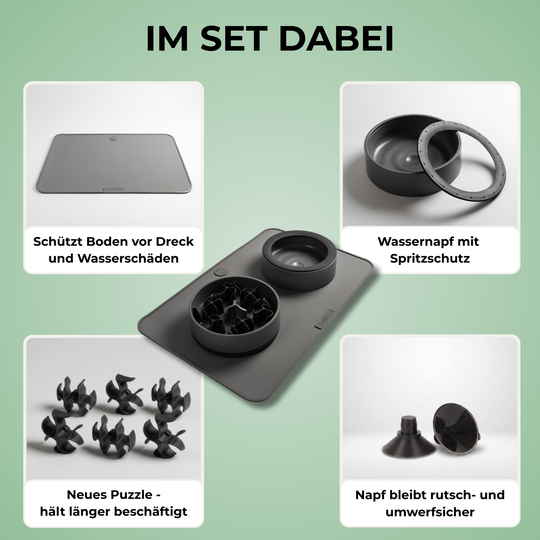 SoulSet Hunti (Grau) / Groß: Im Set dabei – Unterlage, Wassernapf mit Spritzschutz, neues Puzzle, Saugnäpfe
