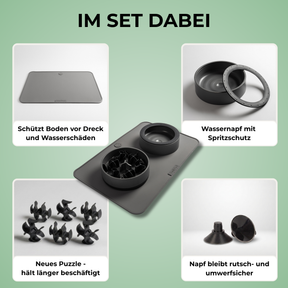 SoulSet Hunti (Grau) / Groß: Im Set dabei – Unterlage, Wassernapf mit Spritzschutz, neues Puzzle, Saugnäpfe