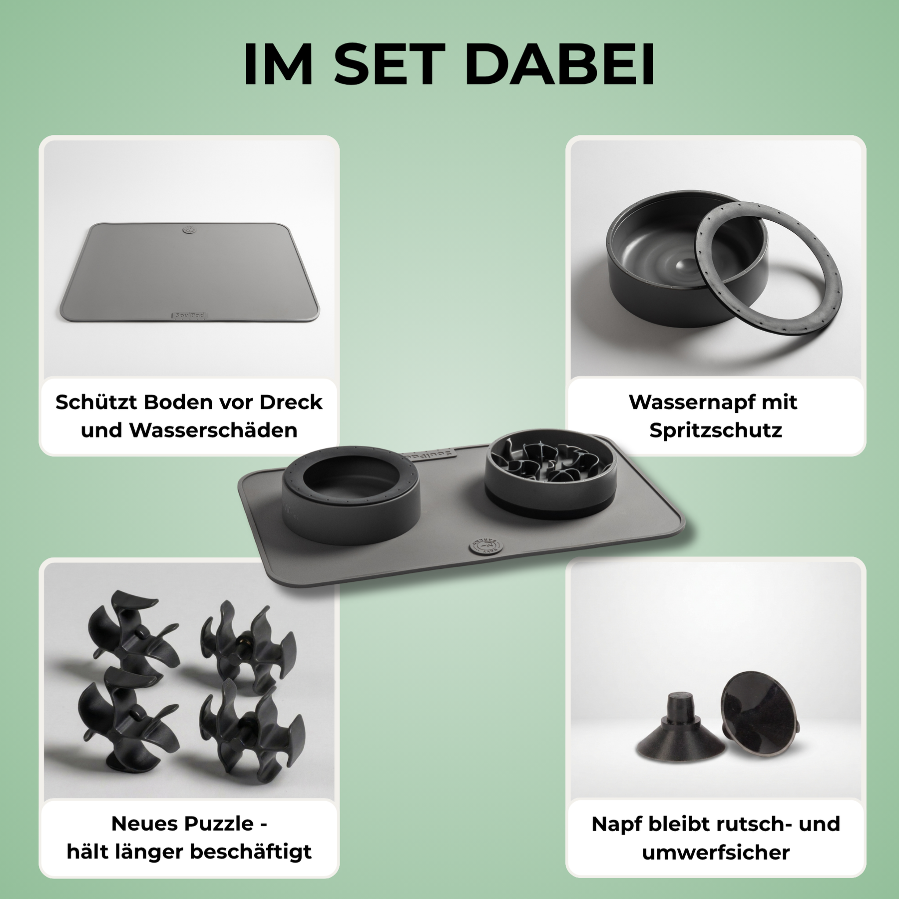 SoulSet Hunti (Grau) / Klein: Im Set dabei – Unterlage, Wassernapf mit Spritzschutz, neues Puzzle, Saugnäpfe