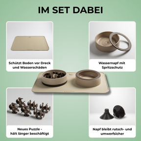 SoulSet Milo (Beige) / Groß: Im Set dabei – Unterlage, Wassernapf mit Spritzschutz, neues Puzzle, Saugnäpfe