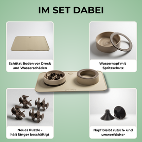 SoulSet Milo (Beige) / Klein: Im Set dabei – Unterlage, Wassernapf mit Spritzschutz, neues Puzzle, Saugnäpfe