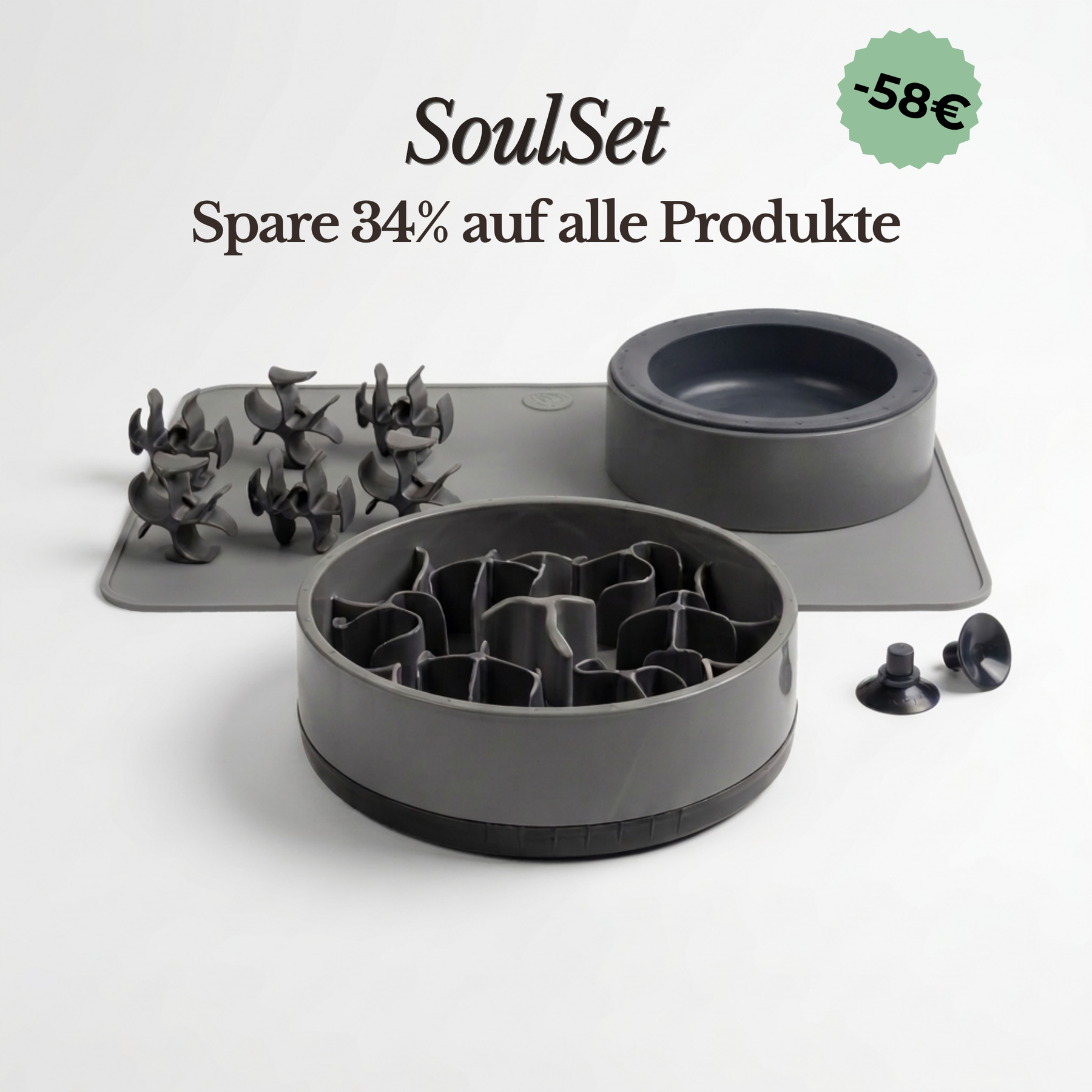 SoulSet Hunti (Grau) Groß: SoulBowl, Wassernapf, Unterlage, Spins und Saugnäpfe
