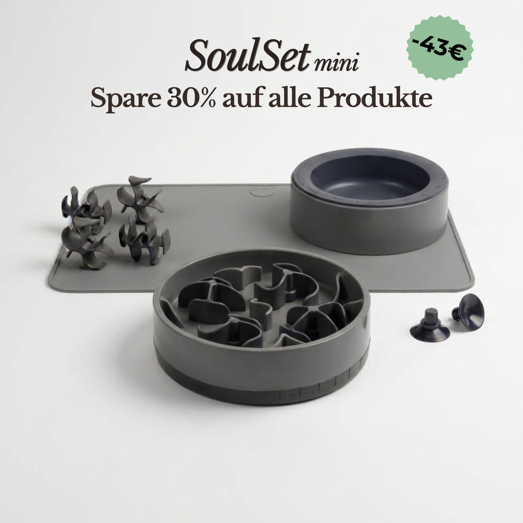 SoulSet Hunti (Grau) Klein: SoulBowl, Wassernapf, Unterlage, Spins und Saugnäpfe